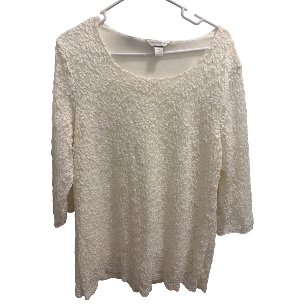 Christopher & Banks Lace Top Womens 1X Cream Excellent 3/4 Sleeve Scalloped Hem
